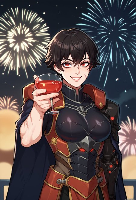 score_9, score_8_up, score_7_up, score_6_up BREAK, smile, holding cup, fireworks, 1girl, (muscular female:0.8), short hair, black hair, streaker hair, prosthetic arm, red eyes, scars, armor, cape, science fiction <lora:Elizabeth_Blythe_Subverse_PDXL:0.7> <lora:Lunas-Afrobull-SDXL-A1:0.8> <lora:holding_cup_toasting_xlpony:1>