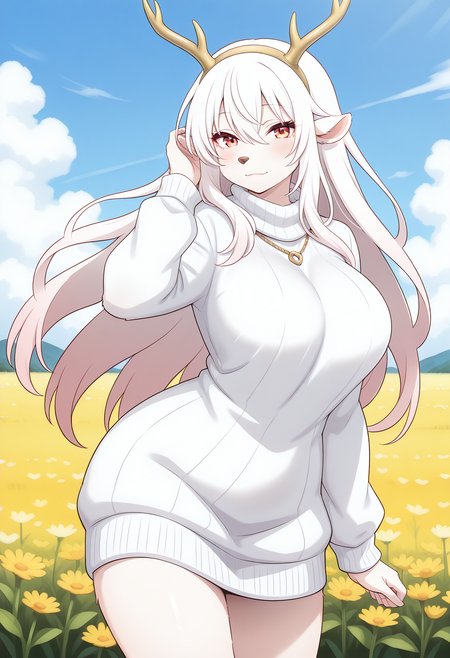 haruhino_shirona, red eyes, white hair, long hair, antlers, furry female, furry, animal ears, (animal nose:1.2), body fur, hairband, sweater dress, ribbed sweater, white sweater, long sleeves, <lora:haruhino_shirona_illustrious_ver1:0.8>
smile, 1girl, solo, (field:1.2), (blue sky:1.2), looking at viewer,, masterpiece, best quality, general,, (cowboy shot, dynamic pose:1.4),