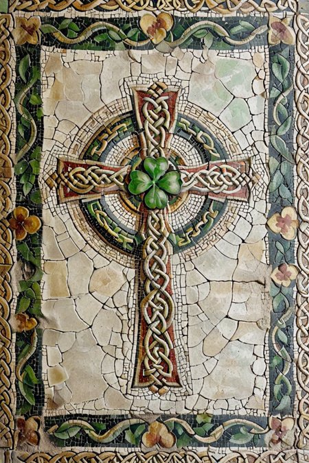 <lora:ParchartXL-2.0:0.5>,on parchment,roman mosaic of celtic cross,celtic knot,celtic,four-leaf clover,<lora:Roman_Mosaic:0.8>,, (masterpiece, best quality, high quality, highres, ultra-detailed),