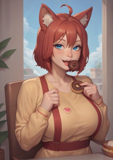 1girl, masaki gaillard, huge breast, , ahoge, animal ears, balcony, blue eyes, blue sky, blush, breasts, chocolate, collarbone, crown print, doughnut, eating, eyelashes, fang, fingernails, food, hair between eyes, hands up, happy, heart, heart print, holding, holding food, looking at food, looking to the side, medium hair, on chair, open mouth, plant, potted plant, red hair, shirt, sitting, sky, sleeves past wrists, smile, solo, striped sleeves, suspenders, table, wolf ears, wolf girl, yellow shirt, zPDXL3   <lora:gill_artworks:1>