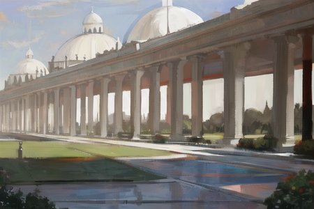 a painting of a large white building with a dome and pillars on the side of it and a walkway leading to a park