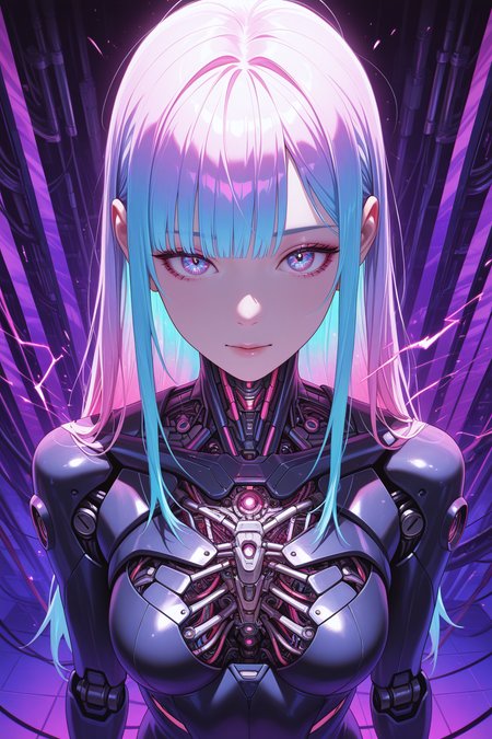 embedding:lazypos, science fiction, cyberpunk, neon color palette, synthwave aesthetic,

1girl, android, multicolor hair, long hair, intricate iris, neon glow, visible machine parts, dangling wires, exposed internals, circuits, sparks, arcing electricity, industrial background, from above