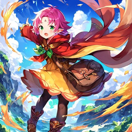 score_9, score_8_up, score_7_up, source_anime, rating_explicit, BREAK  <lora:Fae_Fuuin_no_Tsurugi_XL:1>
Fae, short hair, pink hair, green eyes,  solo, open mouth, facial mark, 
sky,
wings, open mouth, solo, dress, facial mark, long sleeves, bag, full body, boots, cape, pantyhose,