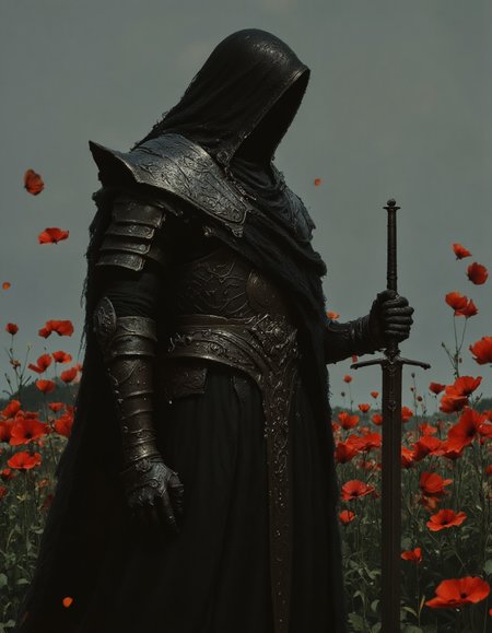 dark fantasy scene featuring a mysterious figure clad in a dark, tattered cloak with a hood obscuring their face. The figure stands solemnly in a field of vibrant red poppies under a hazy, overcast sky. The armor is medieval and ornate, featuring intricate designs and patterns, with subtle hints of rust from age or battle. The figureâs posture is upright yet relaxed, with one hand resting on the pommel of an imposing sword that is thrust into the ground before them. Flecks of red, possibly petals or blood droplets, are suspended in the air around the figure, adding to the somber yet striking atmosphere, <lora:flux.1_lora_flyway_Epic-detail_v2:1>, <lora:Elden_Ring_-_Yoshitaka_Amano:0.4>, <lora:- Flux1 - soothing_atmo_V2.0:0.4>, <lora:aidmaMJ6.1_v0.3:0.5>