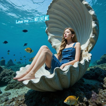 Photorealism, Film still, surreal world,  crystal clear water..   under the sea level, shallow coral reefs, High quality,
 A giant Giant Clam open up. a lovely heavenly girl  sit inside the clam, she wears one piece workers blue work suit,  flowing blond hair,  sunlight filter down in a beam, sunligh  on her, girl have the correct number of limbs and fingers, correct body proportion, look of disguise. 
A lovely  neon sign in the air says ((Love me) in blue), .((Not EAT me) in blood red)"
Theme of protect the Gaia mother earth.
lots of other sea animals  schools of colourful coral fish. surreal, unreal atmosphere.
 <lora:fluxenhancer:0.5> , <lora:Gulnazar_Flux_rank16_bf16:0.7>