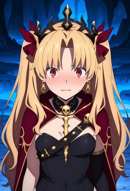 anime screencap, masterpiece, best quality,
<lora:FateGrandOrderBabylonia_Ereshkigal_IlluXL:0.9>,
1girl, solo, parted lips, embarassed, nose blush, wavy mouth,
two side up, parted bangs, very long hair, blonde hair, red eyes, earrings, black tiara,
asymmetrical clothes, black leotard, red cape, skull, chest belt, single elbow glove, gold trim,
standing, looking at viewer, upper body,
blue theme, cave, fog, dark, stone