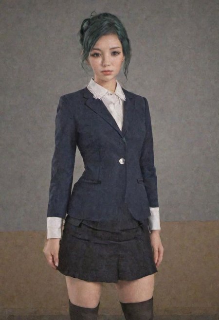 1girl, solo, (Masterpiece, hyperrealism) teacher, realistic skin, (looking at camera, classroom, formal attire, standing pose, wearing buttoned blouse:1.2, wearing dark blue blazer:1.2, wearing frilly skirt above the knee, wearing black stockings, young figure), fit body, ((curled hair, short hair, green hair)), highly detailed background, ultra high resolution, 4k uhd