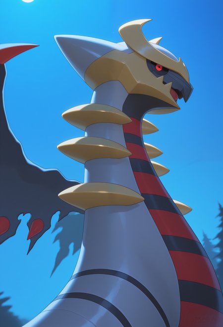 masterpiece,best quality, amazing quality, 1boy,solo, g1r4t1n4_a, pokemon (creature), black wings, colored sclera, red eyes, close up, side angle, outside, night,