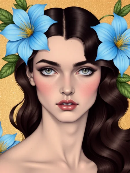A stunning portrait of a young woman with delicate features, set against a shimmering gold background. Her long, wavy brown hair is adorned with large, blue flowers that frame her face beautifully. The woman's striking gray eyes are accentuated by soft makeup, giving her an ethereal quality. Focus on her smooth skin texture, with subtle freckles adding character. The composition highlights the juxtaposition of colorful floral elements against the warm, golden backdrop, creating a vivid contrast. Use soft, diffused lighting to enhance the luminous effect of the background and emphasize the gentleness of her expression. The overall style is reminiscent of modern fantasy art, blending realism with whimsical elements. Ensure that the visual tone conveys serenity and allure, capturing both the beauty of the subject and the intricate details of the flora around her. <lora:flux-lora-000006:1>