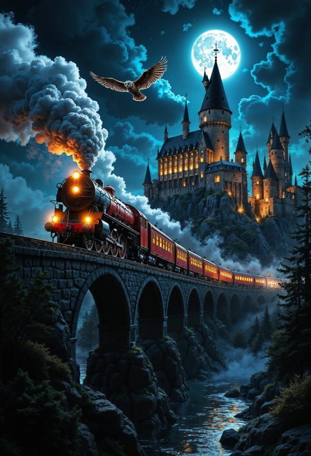 A breathtaking, magical night scene of the Hogwarts Express as it races through a moonlit landscape, the deep blue sky sparkling with stars. The iconic red steam engine glows under the silvery moonlight, casting a warm, golden light from its windows as it crosses a high, arched stone viaduct. Wisps of smoke and steam spiral upward, illuminated by soft, magical glows. An owl flies gracefully alongside, its wings spread wide, feathers shimmering in the moonlight as it delivers a letter. In the distance, Hogwarts Castle towers majestically, its spires and turrets bathed in ethereal light, with warm, flickering windows reflecting off the dark lake below. The atmosphere is rich with enchantment, blending the wonder of a magical journey with the awe-inspiring presence of the legendary castle in the background.