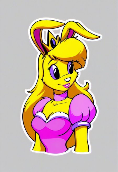 score_9, score_8_up, score_7_up, score_6_up, score_5_up, score_4_up, retro artstyle, BREAK 
LoriJackRabbitPXL, rabbit girl, long blonde hair, yellow fur,1girl, breasts, solo, pink dress, dress, traditional media, cleavage, crown,black eyes, furry, yellow skin, large breasts, puffy sleeves, puffy short sleeves, short sleeves, furry female, makeup, choker,yellow hair, lipstick, marker \(medium\), upper body
<lora:lorijackrabbit-v1:0.9>