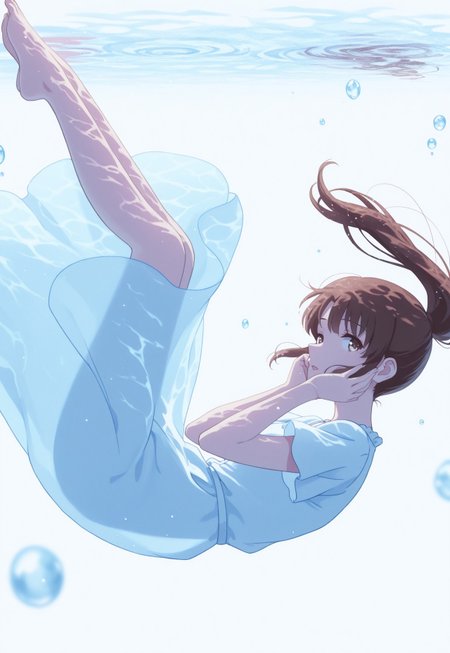 1girl,Megumi <lora:IL-KatoMegumi:0.8>,brown hair,katou megumi,brown eyes, long hair, ponytail, watercolor style, (soft blending:1.2), fluid colors, dreamy washes, delicate textures, organic shapes, atmospheric depth, bubble, limited color, water drop, blurry, air bubble, from 45 degrees , profile, blurry foreground, submerged, blue theme, simple background, sunlight, floating hair, light particles, looking at viewer , white dress, underwater, hand on cheek, open mouth, white background, short sleeves, caustics, dress, shade, solo, see-through silhouette, floating clothes, legs together, depth of field, feet up, bubbles, highres, upside down 