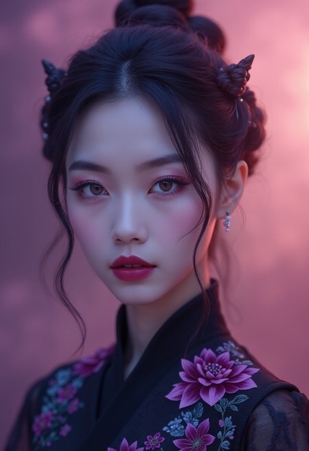 breathtaking A highly detailed, realistic full body  picture  of a Chinese Zixia woman 28yo with a pale complexion, dark straight hair in an elegant updo with a few loose strands framing her face, intricate makeup , deep black lips, wearing a high-collared garment with floral patterns in a dark, muted palette, against a dark gradient background, emphasizing her enigmatic and mystical aura,, high resolution, rich textures, and contemplative mood. Dark makeup,  descending from the heavens, enveloped in a mist of purple and pink clouds, jewlery 
. Her eyes are a deep piercing and  brown
 <lora:aidmaGLOWV4wc:0.55> aidmaglow . award-winning, professional, highly detailed