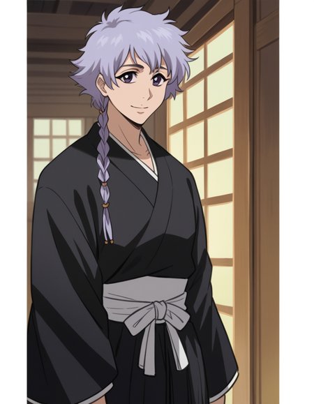 score_9, score_8_up, score_7_up, source_anime, <lora:isane-kotetsu-anime-ponyxl-lora-nochekaiser:1>, isane kotetsu, short hair, braid, purple hair, purple eyes, hair braid,, long sleeves, japanese clothes, kimono, haori, black kimono, hakama, black hakama,, museum, art exhibit, paintings, observing, quiet contemplation, cultural experience, smile, looking at viewer, hand touching face, foot pointed, elbow up, solo,, cowboy shot, dutch angle