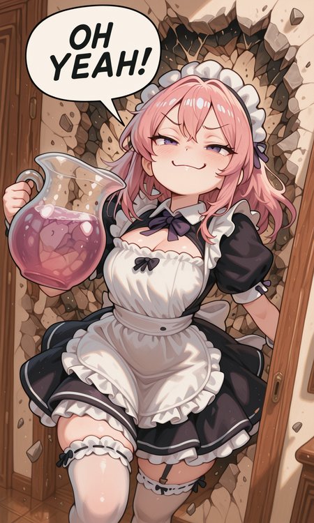 embedding:IllusP0s, OH YEAH!, breaking through wall, holding pitcher, speech bubble, debris, 1girl, pink hair, purple eyes, maid outfit, smug,<lora:OH YEAH_Illustrious.safetensors:1.0:1.0> <lora:CivChan.safetensors:0.8:0.8>