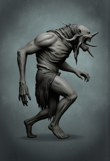 aidmaMJ6.1, Made out of paper, a PaperStyle , d4artstyle, d4concept, , d00mstyle, made of clay, ZBClay model of a gray sculpture
A grotesque and nightmarish creature with a distorted, elongated body. Its form is gaunt, with sinewy muscles and patches of ragged fur hanging from its emaciated frame. The creature's head is a disturbing mix of beast and primate, featuring a gaping maw filled with sharp, jagged teeth and a pair of large, curved tusks protruding from its lower jaw. Its hollow, piercing eyes emit a sense of malevolence, while matted, black fur drapes from its neck like a twisted mane. The creature's elongated neck curves unnaturally, giving it a serpentine appearance, and the back is hunched with prominent ridges along the spine. The legs are spindly and appear unstable, adding to its unsettling appearance. Its design evokes a blend of demonic horror and predatory menace, with an emphasis on grotesque and eerie details.
Background solid color with a faded dimly lit, fog-covered darkness tone that emphasizes its silhouette. 
 The medium is not a traditional painting or illustrative medium like watercolor or ink but rather a digital rendering, eerie and unsettling.