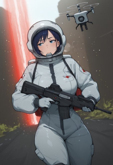 bbtn2, 1girl, solo, space_helmet, (((looting))), blue_eyes, sci-fi, nasapunk, oversized jacket, skin_tight, oxygen_tank, scanner, red beam, drone, post-apocalypse, overgrown, dilapidated, (((running))), motion blur, chase, (looking away), (unaware), holding, holding_weapon, assault_rifle, upper body, depth of field, blurred background, light particles, film_grain, dynamic dutch angle, detailed lighting, masterfully drawn, 4K, amazing quality, aesthetic, details, latest 2025, , <lora:eb426aec-f892-485e-a4cf-7b74274e0c96:0.9>