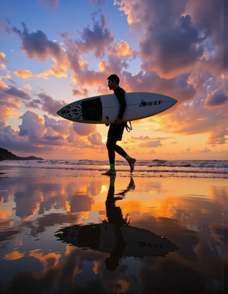 wavefun. Photograph of a person on a beach at sunset, with their reflection on the wet part of the beach. the photograph is taken from a low angle, capturing the intricate details of the person's silhouette and the vibrant colors of the sunset reflecting on the water surface. in the middle of the image, a person walking and holding a surfboard under his arm with the word âREEFâ written on it. the person wears a diving suit and a green rope tied around their ankles, adding a sense of movement and energy to the scene. the sky is a mix of vibrant oranges, pinks and purples, creating a beautiful contrast to the blue and purple hues of the sky. the water is calm and still, reflecting the person and the surfboard, making the image even more captivating. the overall effect is one of serenity and tranquility, the reflection of the two characters creating a stunning visual effect. <lora:Wind_&_waves_:0.8>
