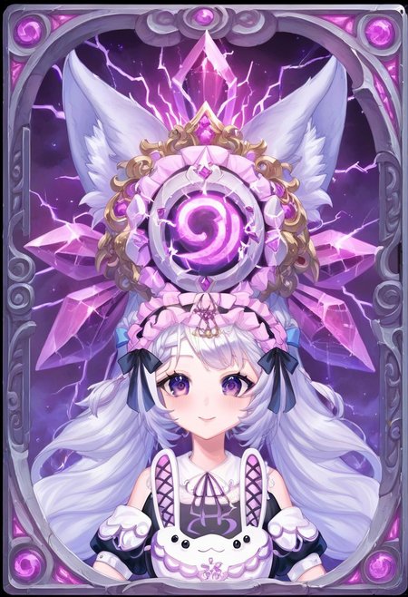 score_9,score_8_up,score_7_up, source_anime,
hyper-detailed, masterpiece, best quality,
(simfonira, source_reference),source_screen_good, model_type_fox,ears_fox, outfit_maid,maid, hair_tails,twintails, long hair, hair bow,  eyes_purple,purple eyes,
upper body,
Card, Tarot, graphic border, Illustrative,
pink atmosphere, obsidian stone, skeuomorphic, detailed,
Smiling eyes,
Shiny red Crystal background,
Lustful personality, 
Jewelry, Extravagant, Shoulderless,
side view,
glowneon, glowing, sparks, lightning