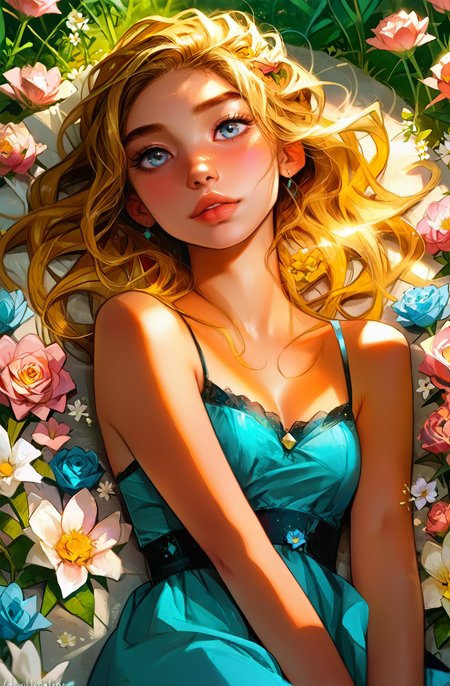 score_9, score_8_up, score_7_up, score_6_up, ), (realistic face:1.2), masterpiece,best quality, highly detailed, masterpiece,best quality, highly detailed, source_cartoon, uncensored, rating_explicit, casual, shiny highlights, smooth skin, motion lines, sound effects,
 (flowers:1.6), (maternity dress), lilies, roses, lying on back, lying on the floor, hands between legs,
adorable and beautiful young woman with long, flowing golden blonde hair, softly curled at the ends, bright blue eyes with a warm and inviting sparkle, smooth fair skin with a natural, radiant glow, her beauty enhanced by her graceful and friendly demeanor, (surprised:0.6)
highly detailed, intricate details in hair and makeup, masterpiece, best quality, ultra highres, original, extremely detailed, perfect lighting
<lora:incase---1:0.5> <lora:S1_Dramatic_Lighting_v2:0.5> s1_dram   <lora:MythAnim3Style:0.8> MythAn1m3 <lora:l0tusbubbl3XLP:1> l0tusbubbl3 <lora:th3rm4lXLP:0.45> th3rm4l,