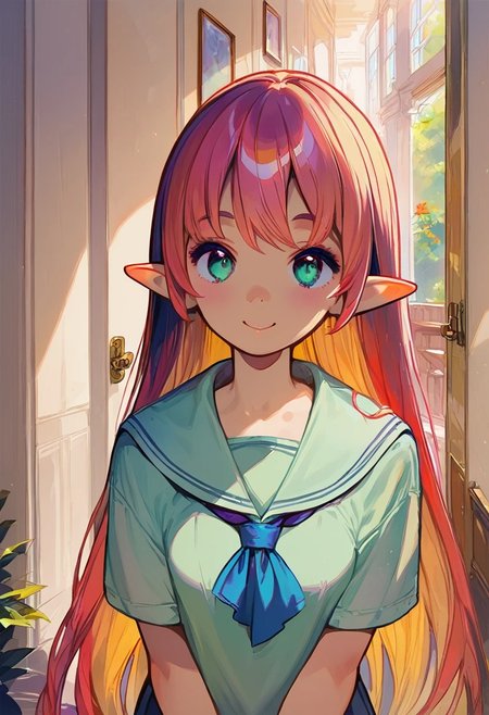 ((masterpiece,best quality)), absurdres, BREAK, score_9, score_8_up, score_7_up, score_6_up, 8k, hires,1girl, beautiful girl, kawaii girl, cute face, pose, high contrast, dramatic shadows, highly detailed, detailed skin, depth of field, shadows, hair bangs, very long hair, red hair, twin tails, blue ribbons, small breasts, young, petite, elf, smiling, sailor uniform, aqua eyes, green school uniform, hallway, school, <lora:add-detail-xl:3>