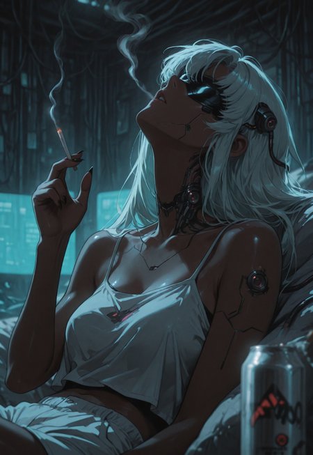 asthtc2, 1girl, solo, head back, cyberpunk, sci fi, covered eyes, experiment, upper body, collarbone, spaghetti strap, cropped (cami) top, reclining, hologram, iOS, UI, user interface, bioluminescence, very_long_hair, wires, cables, (wires connected to head), (((holding cigarette))), smoke, pajama shorts, fingers, sharp fingernails, nail polish, connected, cover, neon, moody, bloom, dark, very dark, dim lighting, blurry background, foreshortening, hand_focus, messy room, beer, can, ((blurry foreground)), dynamic angle, detailed lighting, masterpiece, best qualiy, very aesthetic, newest, asthtc2