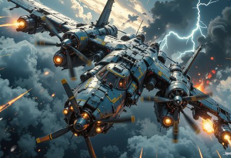 A hyper-detailed, wide-view, high-angle shot captures a breathtaking futuristic sci-fi cinematic scene, 3/4 front view of. The plane is hit, it is on fire, smoke and fire are coming out of the fuselage. The dramatic storm-laden sky forms the backdrop, with swirling, dark clouds illuminated by streaks of lightning. Below, a colossal, double-body heavy aircraft dominates the scene, its immense silhouette cutting effortlessly through the tempestuous atmosphere. The plane, a fusion of grimdark aesthetics and futuristic design, boasts twin propellers on each body’s front, their spinning arcs carving through the storm. Forged from dark gunmetal alloy, the twin fuselages glisten faintly under the sporadic flashes of lightning, their surfaces adorned with intricate golden runes and glowing cybernetic lines that pulsate with ethereal energy. Massive wings, equipped with engines and weaponry, stretch outward, embodying power and mechanical precision. The high-angle perspective highlights the aircraft’s imposing size and intricate mechanical details. Guns protrude from reinforced turrets, their presence adding a menacing tone to the scene. The stormy expanse, layered with cinematic lighting and rich atmospheric depth, emphasizes the lonely journey of this grim mechanical behemoth. Rendered in ultra-realistic 32k resolution, this masterful digital artwork blends technological artistry with the haunting beauty of a storm-battered sky, evoking awe and wonder.