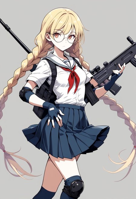 solo, 1girl, skinny, androgynous, looking at viewer, round eyewear, blond hair, long twintail braids, white school uniform, skirt, knee and elbow pads, fingerless gloves, holding flip-phone, holstered rifle to the side, medium breast, mid movement, dynamic pose,