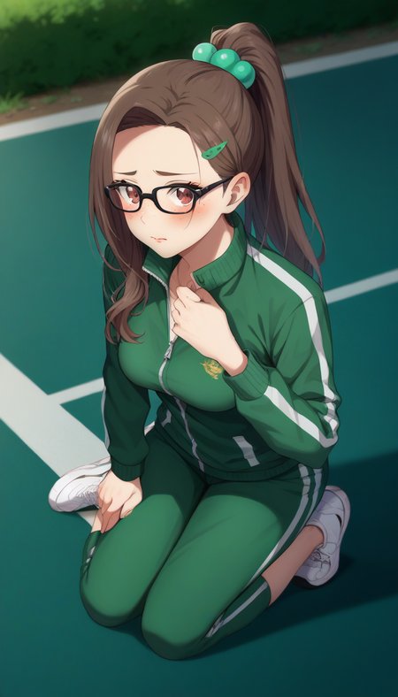 score_9,score_8_up,score_7_up,score_6_up BREAK official art,solo,outdoors,cowboy shot,looking at viewer,facing viewer,deadpan,nervous,blush,Jugyeong Lim,long hair,brown hair,ponytail,hair pulled back,hair ornament,hairclip,forehead,brown eyes,black-framed eyewear,freckles,track jacket,green jacket,white shirt,long sleeves,arms on knees,medium breasts,track pants,green pants,sneakers,white footwear,<lora:Jugyeong Lim(tb)-Pony:1.4>,