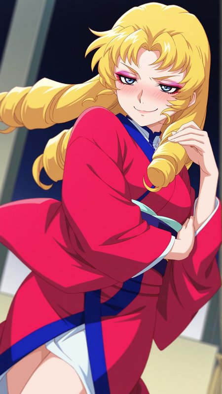 source_anime, general, best quality, masterpiece, 1girl,  <lora:Nellie_Oleson_ill:1> nellie oleson\(ggen\),blonde hair,drill hair, long hair, blue eyes,ringlets, makeup, cowboy shot, dynamic pose, dutch angle, Japanese Kimono, smug, embarrassed,
