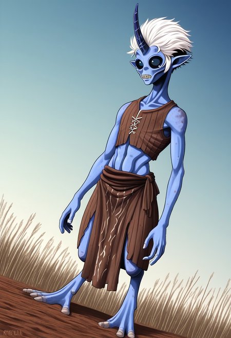 ((Alien humanoid)), solo, androgynous, aquatic features 
blue skin, ((webbed skin between fingers)),
((nostrils only, nostril slits, vertical nasal slits, narrow nostrils)):1.6, ((narrow eyes)), ((black sclera, black irises)), smooth skin,  pointy ears, small ears, tiny ears, holes in skin, forehead horn, short horn, veiny horn, ((single horn)):1.0, ((4 fingers)), fingernails, thin lips, ((white hair)), ((short hair, spiky hair)), sharp teeth, ((digitigrade legs)), bent legs,
full body shot
ragged clothes, muddy clothes, loincloth, tunic, dirty
Medieval style, fantasy style,
style: m4g,
((Variety)):1.2
((dutch angle))
river background
fully clothed, loose clothing, clean lines, smooth colors, detailed fingers, sfw, source: semi-realistic, rating: pg, score: 8 up, score: 9
