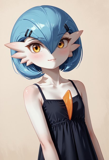 (((Gardevoir))), Female, anthro, ((pale white skin)), Stable_Yogis_PDXL_Positives, zPDXL3, Expressiveh, score_9, score_8_up, score_7_up, masterpiece, source anime, Anime Style, Raw Photo, midjourneyv6.1,
dutch angle, dynamic light, 
1girl, solo, ((short hair)), flatchest, looking at viewer, blush, smile, (golden eyes), flat chest, blue hair, (casual black dress), detailed dress, hair between eyes, closed mouth,  covered shoulders, flat chest, collarbone, upper body,  hair clips, casual dress,  eyelashes, ((plain background)), (((croma key background))), (lineless:1.5), FastNegativeV2