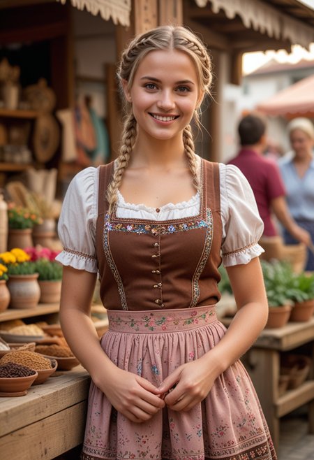 (medium full shot) of (charming bavarian) young woman, indian, mahogany skin, hazel eyes, petite build, short blonde single braid hair, wearing a brown dirndl with floral patterns, knee-high boots with rustic design, rosy cheeks, embroidered apron,  set in  marketplace, artisan stalls with handmade crafts, jewelry, pottery, and textiles, vibrant colors and patterns, artisans demonstrating their work, customers admiring and purchasing , at sunset, woman smiling, Masterpiece,best quality, photo, realistic, very aesthetic, detailed face,