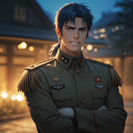 masterpiece, best quality, amazing quality, absurdres, newest, detailed background, definition so sharp, Ultra-HD, 8K cinematic, very awa, impressionate, amazing quality, highres, 
solo, male focus, manly, mature male, bara, bokeh, night, warm light, blurry background, outdoor, 
1boy, short hair, tied hair, low tied hair, lieutenant_pretime, lieutenant_blue hair, lieutenant_brown eyes, daikakukokujouji, military uniform, coat, spaulettes, serious face, smirk, grin, crossed arms, looking at viewer