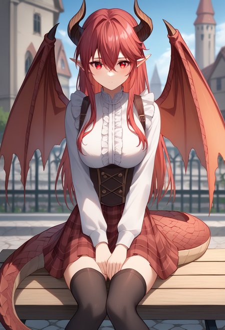 score_9, score_8_up, score_7_up, source_anime, 1girl, solo, grea, dragon wings, dragon tail, dragon horn, pointy ears, hair between eyes, long hair, layered hair, straight hair, narrow hair, hair over breasts, sidelocks, bangs, hair over shoulders, red eyes, white shirt, frills, plaid, red skirt, plaid skirt, black thighhighs, detailed eyes, sitting on bench, medieval city background