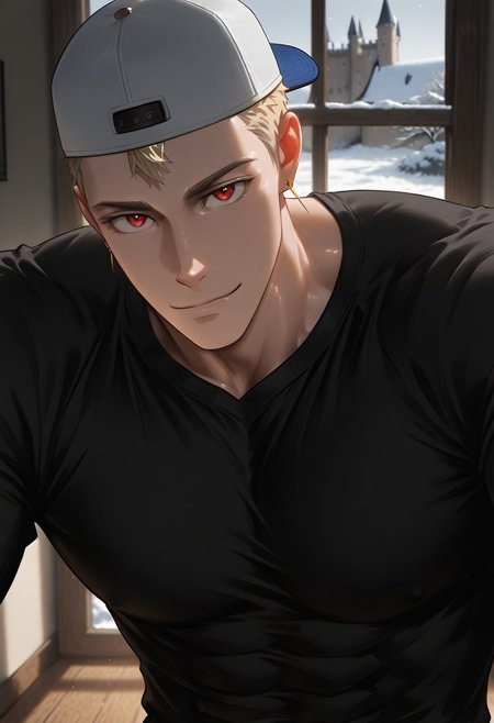 //General, masterpiece,best quality,amazing quality, source_anime, intricately detailed illustration, very aesthetic, absurdres, newest, anime coloring, subsurface scattering, , natural lighting, Expressiveh, detailed skin, shiny skin,aesthetics light, depth of field, vibrant colors,
//Fashion, black shirt, long sleeves, 
//Background, castle interior, indoors, snow background outside the window, 
//Others, 1boy, male focus, solo male, manly body, 
//Action, looking at viewer,  light smile, close up, upper body,
BREAK,
red_urektg_eyes, blonde_urektg_short hair, white_urektg_backwards baseball cap, yellow_urektg_earrings