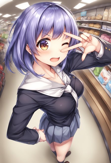 1girl, <lora:sdxl2-flat2-512b:-1>,medium breasts,school uniform,
kiraboshi,<lora:kiraboshi_XL_v1:0.8>v, v over eye,
from behind, fisheye lens, looking back, wince, shopping center, open mouth,
best quality, very aesthetic, absurdres