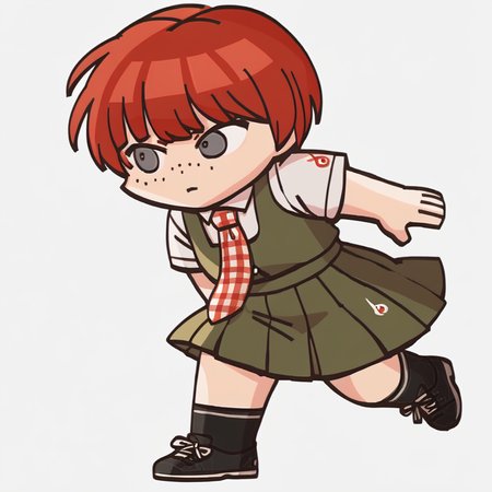score_9, score_8_up, score_7_up, source_anime, 1girl, closed mouth, <lora:FEH-MTH-pdxl_Fp:1> chibi, simple background, full body,  <lora:MahiruDR-pdxl:1> defMahi, red hair, short hair, grey eyes, freckles, plaid necktie, white shirt, collared shirt, short sleeves, green pinafore dress, pleated skirt, black socks, shoes, black footwear