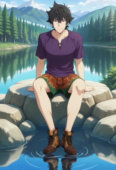 masterpiece, best quality, intricate details, anime screencap, , official style, , 1boy, solo, male focus, <lora:naofumi_iwatani_ilxl:0.92>, naofumi_iwatani, black hair, green eyes, short hair, hair between eyes, bangs, , lake, stone, calm water, forest, mountain, reflection, sitting, afternoon, peaceful smile, dangling feet, Moroccan Corduroy Boardshorts, Tulle Dark purple Henley thermal shirt, Wingtip shoes, , and