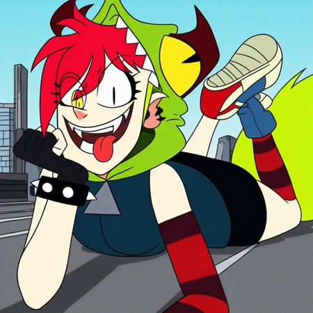 demencia, red hair, green ponytail, striped thighhighs, single striped sock, anklet, green monster hood, yellow eyes, sharp teeth, dark blue hoodie, single striped sleeve, red sneaker, blue sneaker, black skirt, smile, eyeshadow, spiked bracelet, zipper pull tab, torn pantyhose, glove, tongue out, Pov-giantess (macrogts:1.1) (laying on a city (prone) at sunset:1.1), the buildings underneath her body are crushed,
