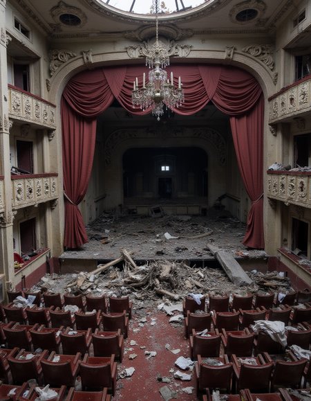 An abandoned opera house, its grand chandelier lying shattered on the stage. The velvet seats are torn and covered in dust, and the once-ornate decorations have decayed into pale, ghostly remnants. The air is thick with must, and the heavy red curtains hang limp, partially eaten away by moths.  <lora:urban-decay-streets_v10_rank64_bf16-step02240:1>, abndnd_plcs_strts