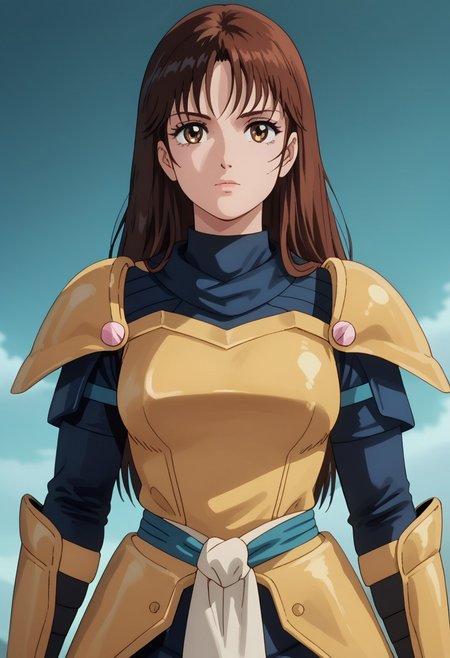 score_9, score_8_up, score_7_up, realistic, fine anime screencap_xl, anime screencap, miakoji, ronin warriors, solo, 1girl, retro, brown hair, 1980s (style), bangs, long hair, hazel eyes, portrait, eye makeup, samurai armor, armor, shoulder armor, gloves, swords,
