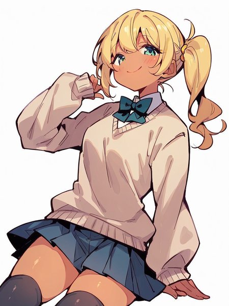 score_9, score_8_up, score_7_up,  
1girl, blonde hair, side ponytail, small breasts, tan, smile, closed mouth, looking at viewer,

sweater, bowtie, school uniform, pleated skirt, black thighhighs, white background, solo, 