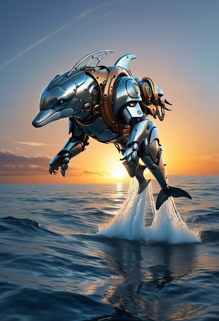 high quality, high resolution, extremely detailed, no humans, animal focus, dolphin dressed as a iron robot, open sea, sunset