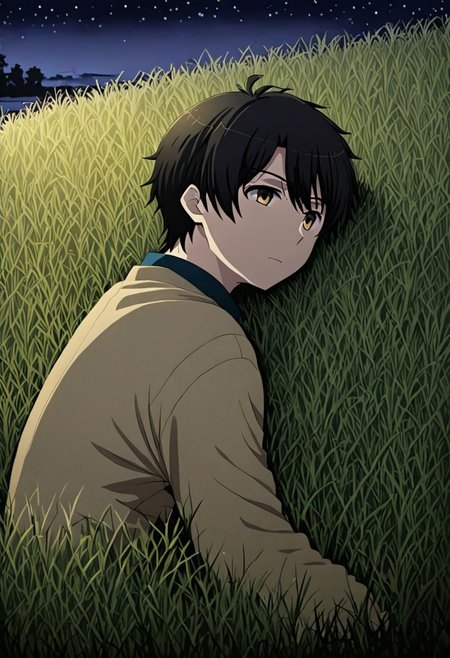 high resolution, solo, best quality, 1Boy, Inaho Kaizuka, Black Hair, grass, middle night, sky night, beautifull night, OverallDetail