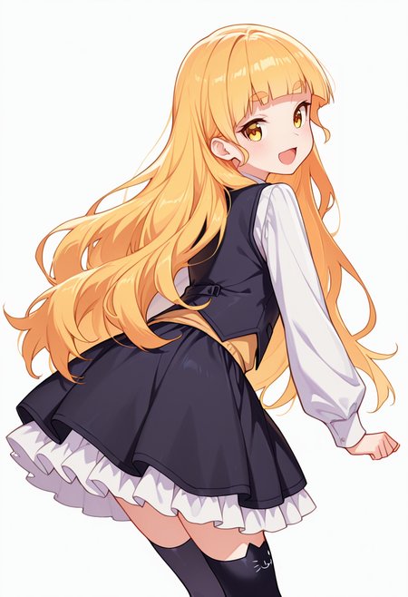 masterpiece,high quality details,absurdres, 
<lora:Shiraki_Hime:0.8>
hime_cnr, 1girl, blonde hair, very long hair, yellow eyes, blunt bangs, thick eyebrows,, simple background, white background, from behind,solo,, :d,, peacoat  ,vest,ruffled skirt, ,cat ear legwear,