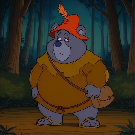 tummigummixl, toony, cartoon, retro, anthro, solo, male focus, bear, brown tunic, red cap with feather, overweight, half-closed eyes, upper body, shoulder bag, sash, sandals, detailed background, forest, full body, newest, masterpiece