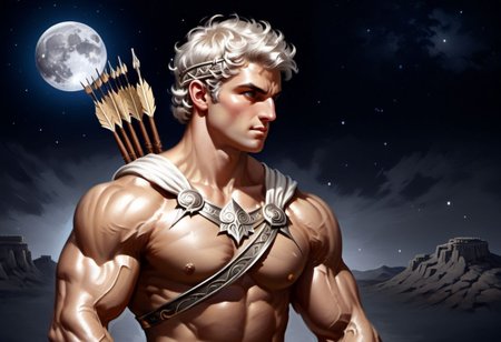 4k, digital art, semi realistic, fantasy, best quality, masterpiece, very detailed, wide camera angle,  dynamic camera angle, dynamic pose, side view, profile side, seen from the side, close up, portrait of a male bodybuilder, 20 years old, pale skin, platinum hair, curly hair, short hair, wearing a silver headband, very handsome, silver eyes, big eyes, anime eyes, defined eyes, defined eyebrows, greek god, greek warrior, wearing a silver tunic, with a bow and arrow, ancient greece, shooting an arrow, night sky on the background, big moon (cinematic light, volumetric), splash art,