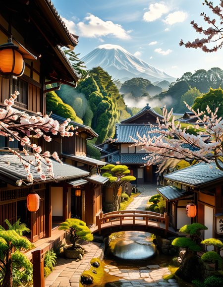 A picturesque traditional Japanese village nestled in a serene valley, surrounded by lush green mountains under a soft morning mist. The village consists of wooden houses with thatched roofs (gassho-zukuri style), showcasing intricate wooden details and sliding paper doors. A narrow stone-paved path winds through the village, leading to a small red torii gate at the entrance of a Shinto shrine. Cherry blossoms in full bloom line the streets, their pink petals gently falling in the breeze. A tranquil river flows through the village, crossed by an old wooden bridge with moss-covered stones. Villagers in traditional kimonos and straw hats go about their daily livesâan elderly man sweeping his porch, a woman carrying a basket of fresh produce, and children playing near a koi pond. The atmosphere is peaceful and nostalgic, with warm sunlight filtering through the trees, casting dappled shadows on the ground. The scene is rich in traditional Japanese aesthetics, evoking a sense of harmony and timeless beauty.
<lora:SDXLFaeTastic2400:0.4> <lora:extremely_detailed:0.4> extremely detailed,<lora:traditional_Japanese_v1ll4g3:1>,traditional Japanese v1ll4g3, Masterpiece,best quality,hi res,8k,hi res,8k,award winning,(sharp focus, intricate, highly detailed),