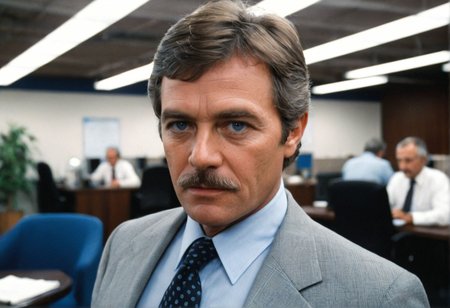 ((CinematicPortrait analog photo)) middle aged suit  man moustache indoors, blue eyes, (office open space people neon lights), ((soft focus, depth of field, film grain, looking at viewer)) <lora:CinematicPortraitXL_v3:0.65>